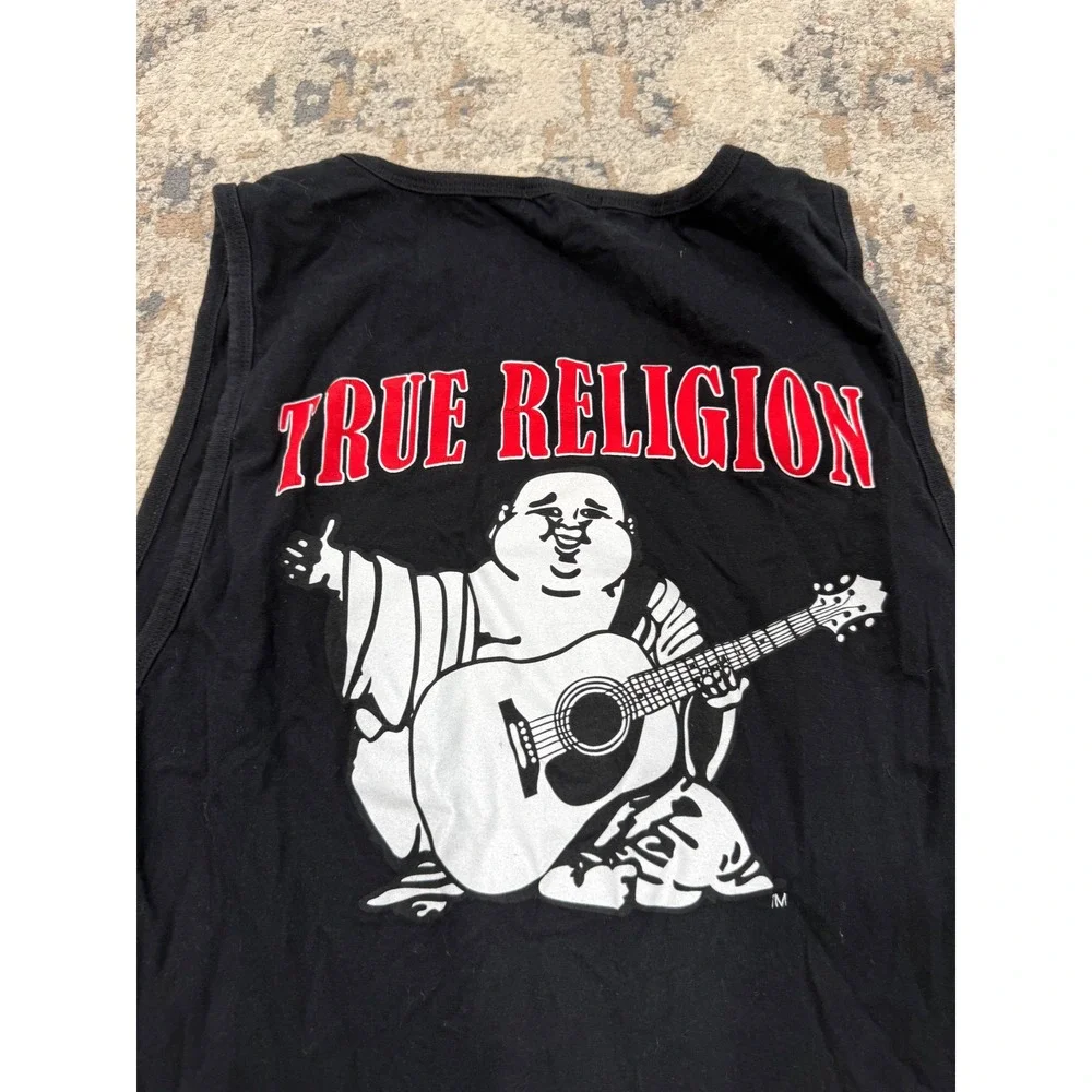 True Religion Mens Black Buddha Guitar Graphic Tank Top Horseshoe Logo XL
